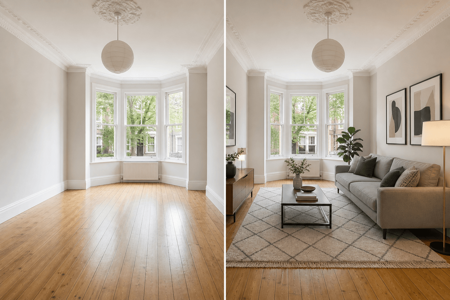 Empty living room on one side and the same room virtually staged with a stylish sofa, rug and artwork on the other