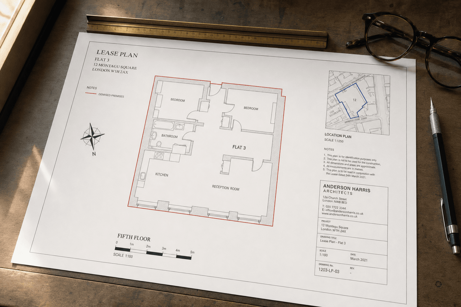 Architect's scaled lease plan of a London flat with red edging marking the demised premises, laid out with a scale rule and compass rose