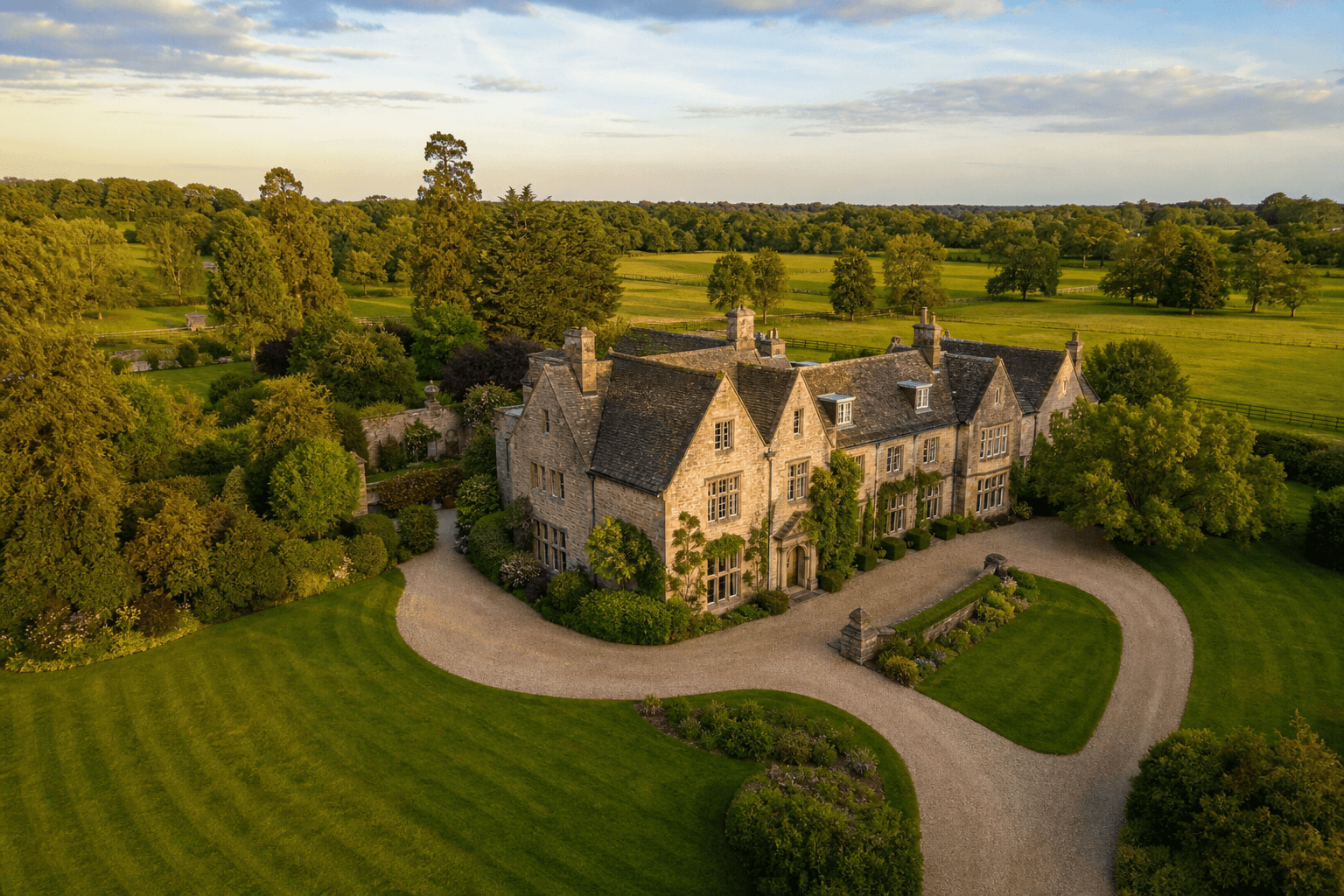 Aerial drone photograph of a luxury English country estate with landscaped gardens, driveway and surrounding grounds