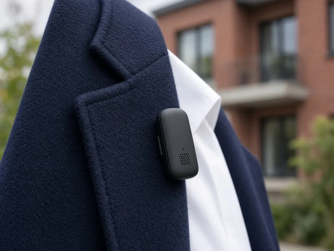 Small wireless clip-on microphone attached to an estate agent's navy jacket outside a brick home