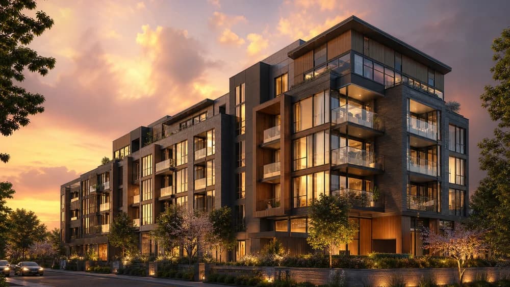 Photoreal apartment development Property CGI at dusk by Photoplan