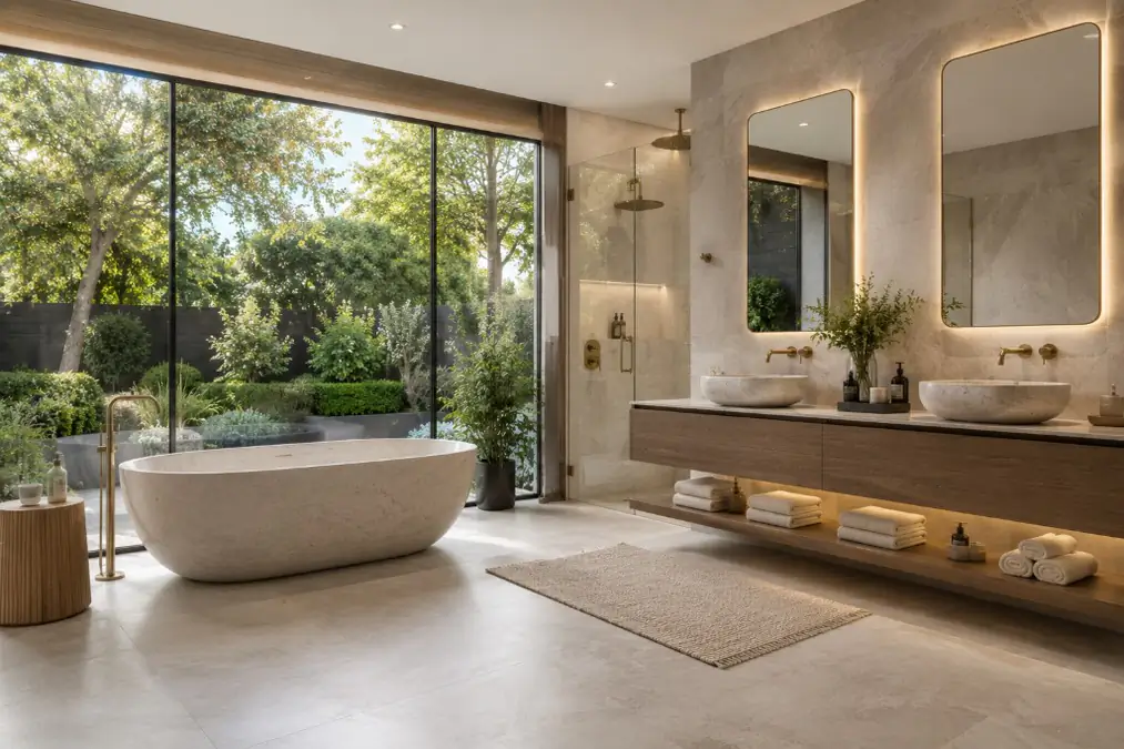 Photoreal luxury bathroom Property CGI with premium finishes by Photoplan