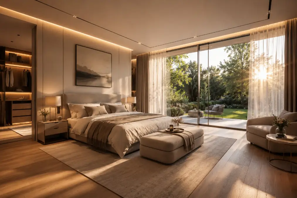 Photoreal master bedroom Property CGI with terrace by Photoplan
