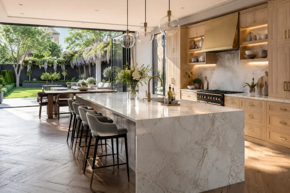 Photoreal luxury kitchen Property CGI with dining area by Photoplan