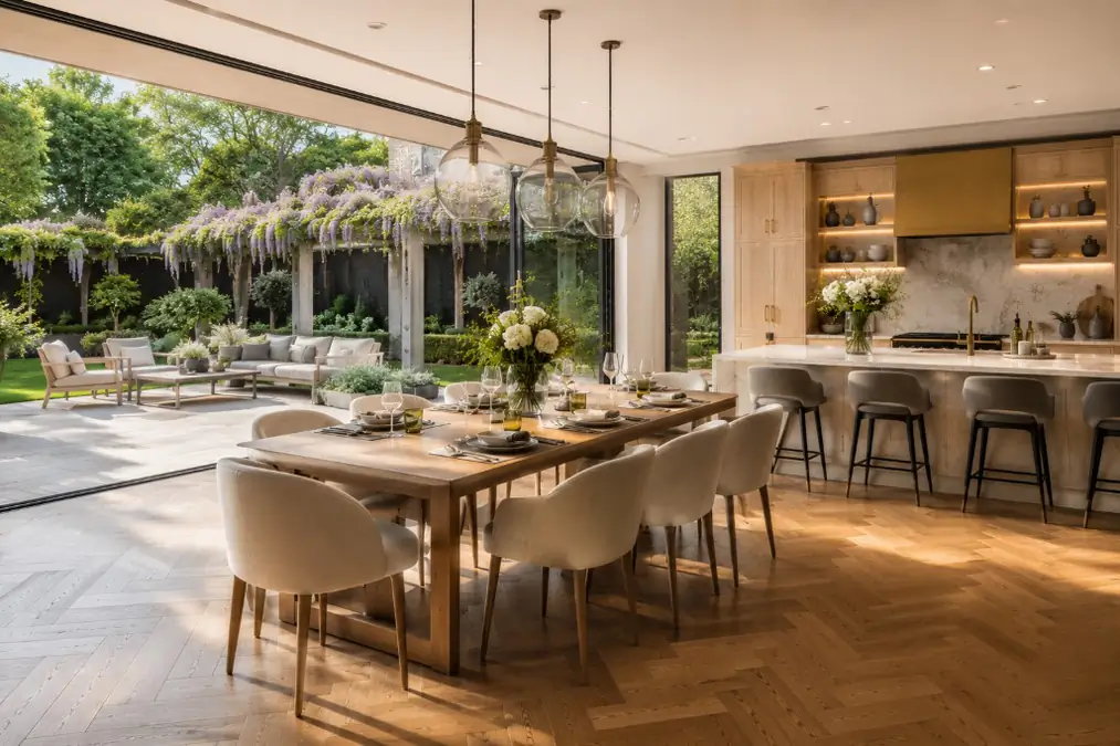 Photoreal dining room Property CGI opening to garden by Photoplan