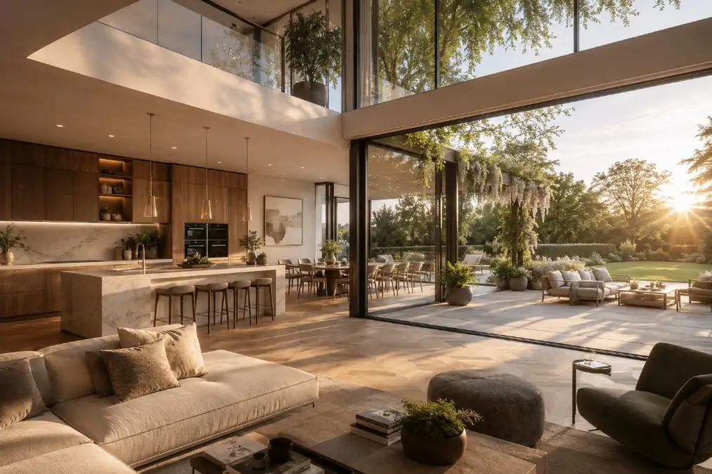 Photoreal open-plan kitchen Property CGI with garden connection by Photoplan