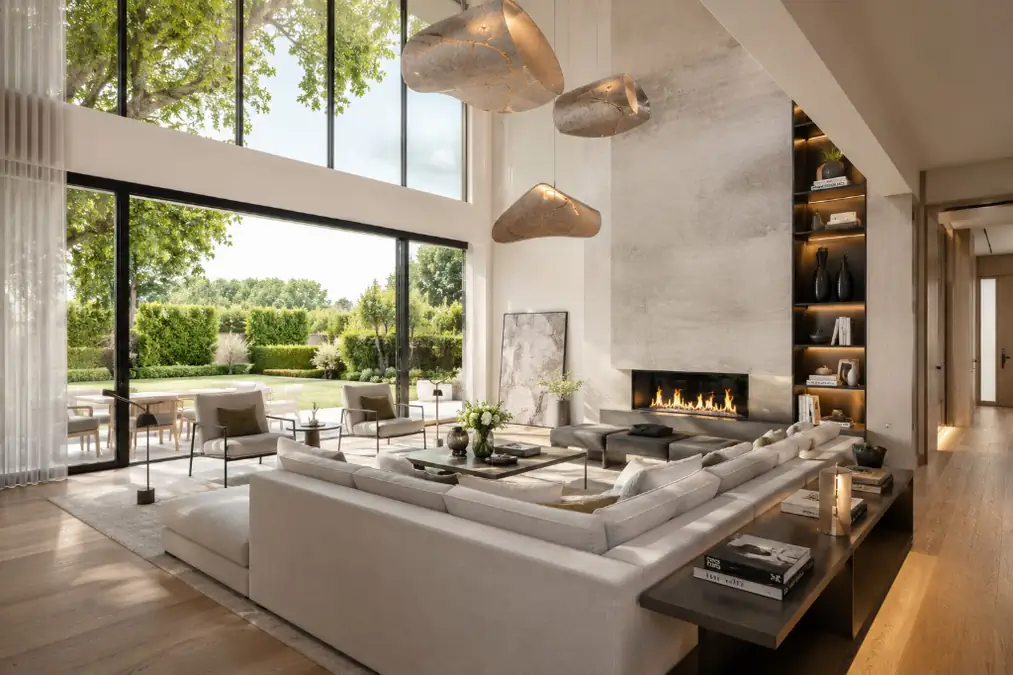 Photoreal interior Property CGI of a furnished living room with garden outlook by Photoplan