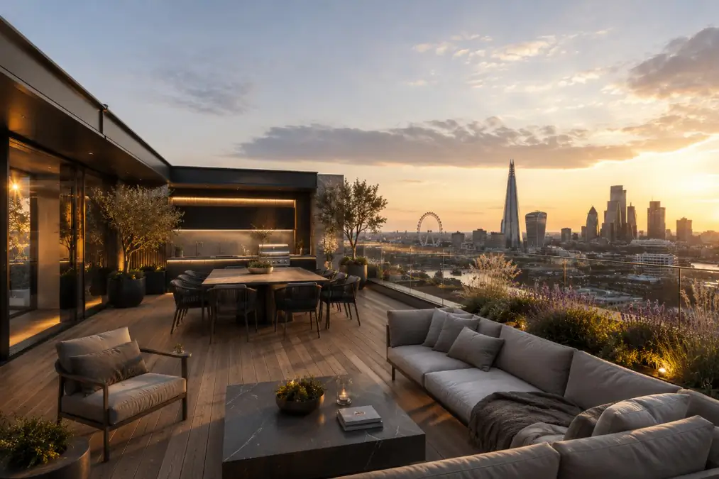 Photoreal London rooftop terrace Property CGI at sunset by Photoplan
