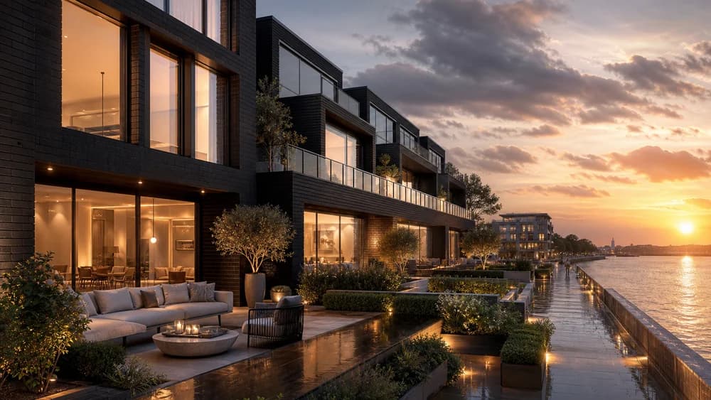 Photoreal riverside townhouse Property CGI at sunset by Photoplan