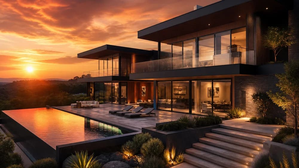 Photoreal ultra-modern Property CGI exterior at sunset by Photoplan