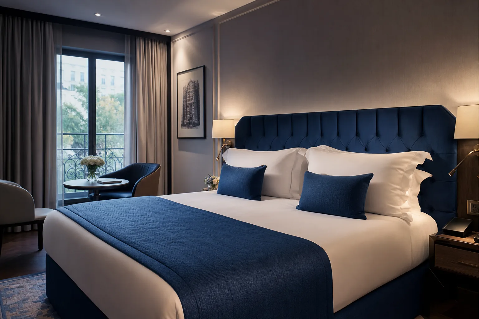 Hotel bedroom suite photographed for hospitality marketing by Photoplan