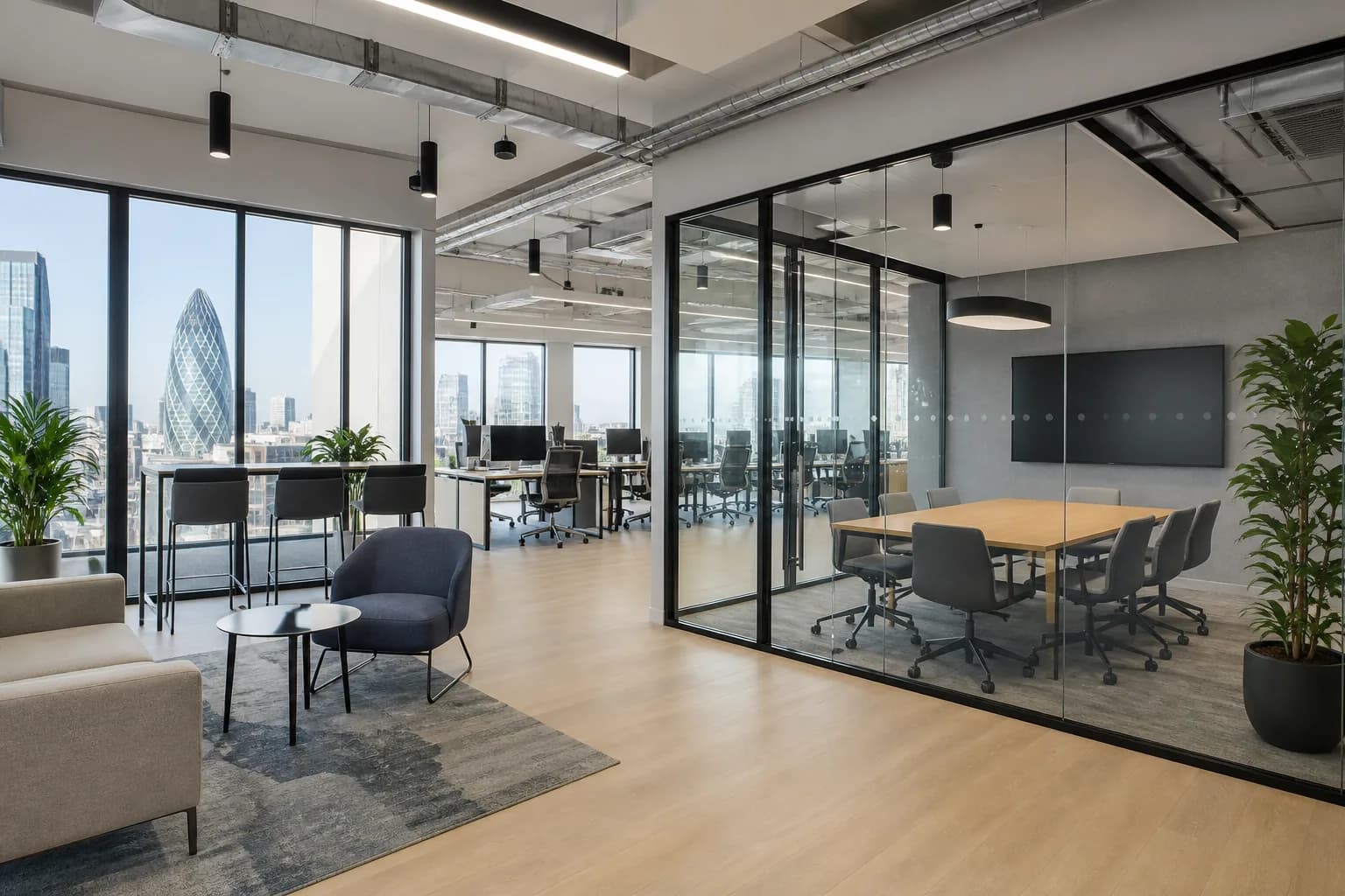 Modern London office interior with glass meeting room and city views, photographed by Photoplan