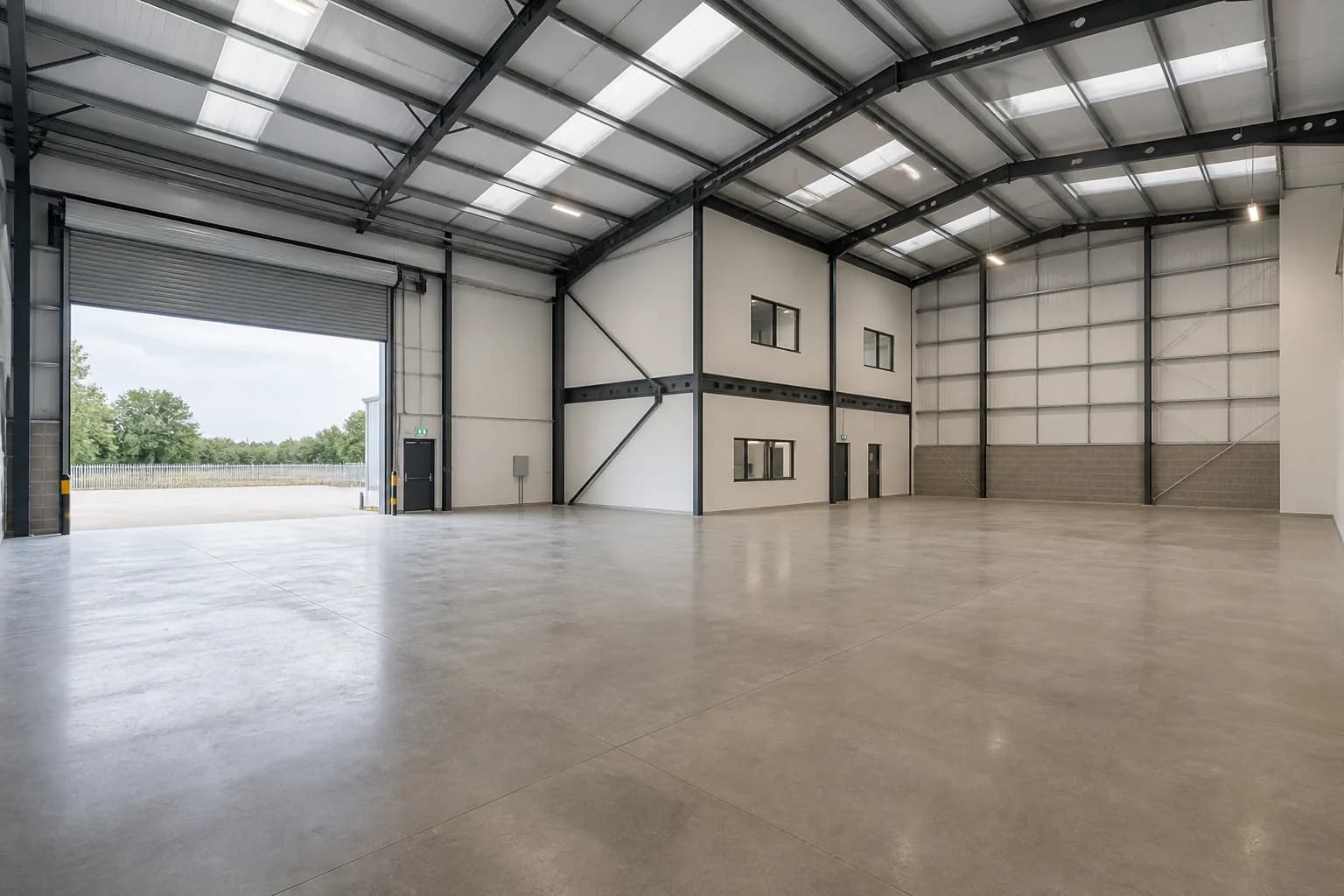Industrial warehouse unit with loading door and high bay lighting, photographed by Photoplan
