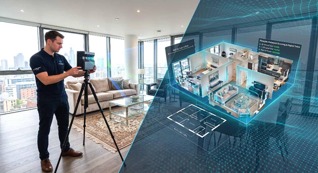 Photoplan technician capturing a property with Matterport Pro3 LiDAR, with digital twin dollhouse view, measured floor plan and point cloud outputs
