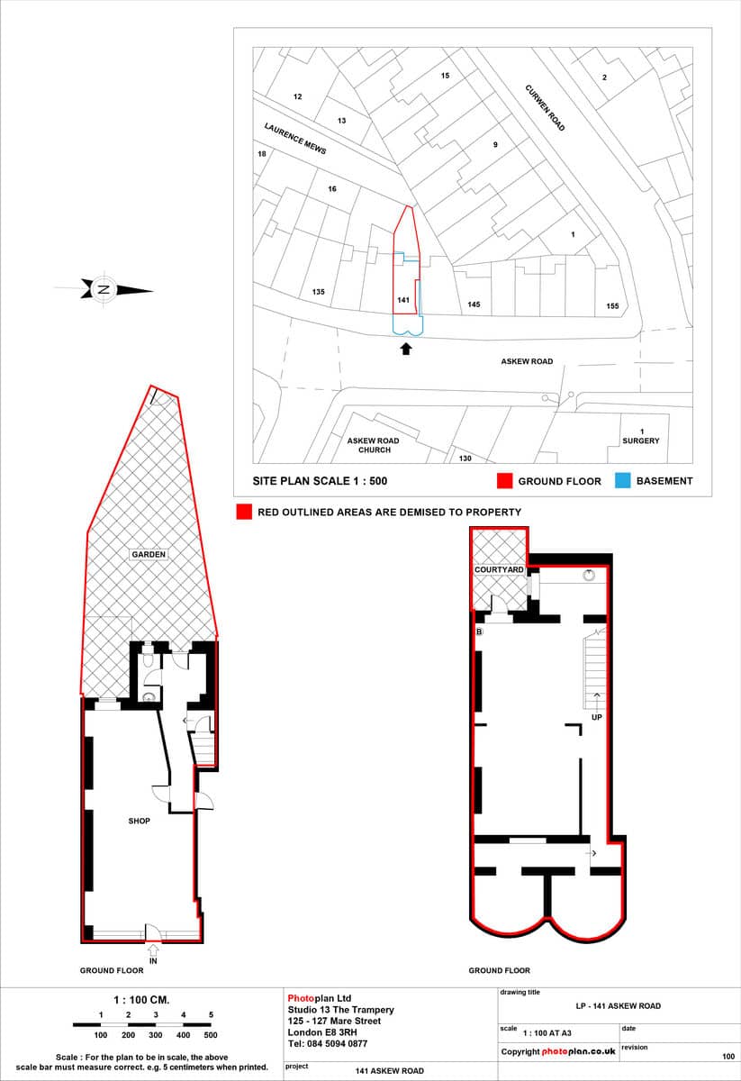 Example HM Land Registry compliant lease plan, showing the demised area edged in red, an Ordnance Survey site plan, scale bar and north point