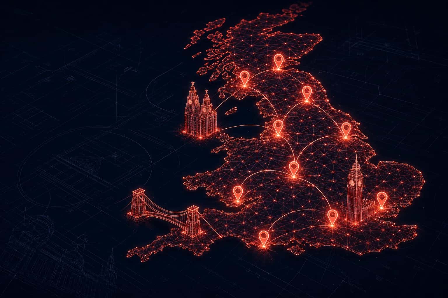 Illustrated map of the UK showing Photoplan property media coverage locations