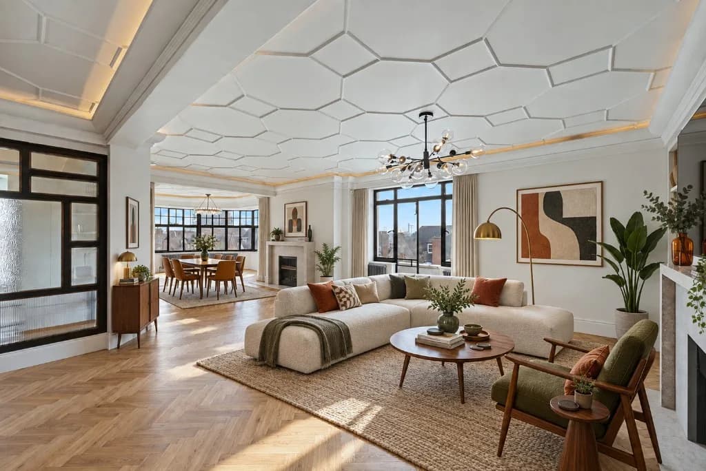Virtual house staging example — empty reception room furnished with contemporary furniture