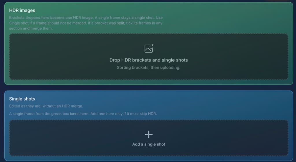 The green HDR images box for brackets and single shots, with a separate Single shots box underneath