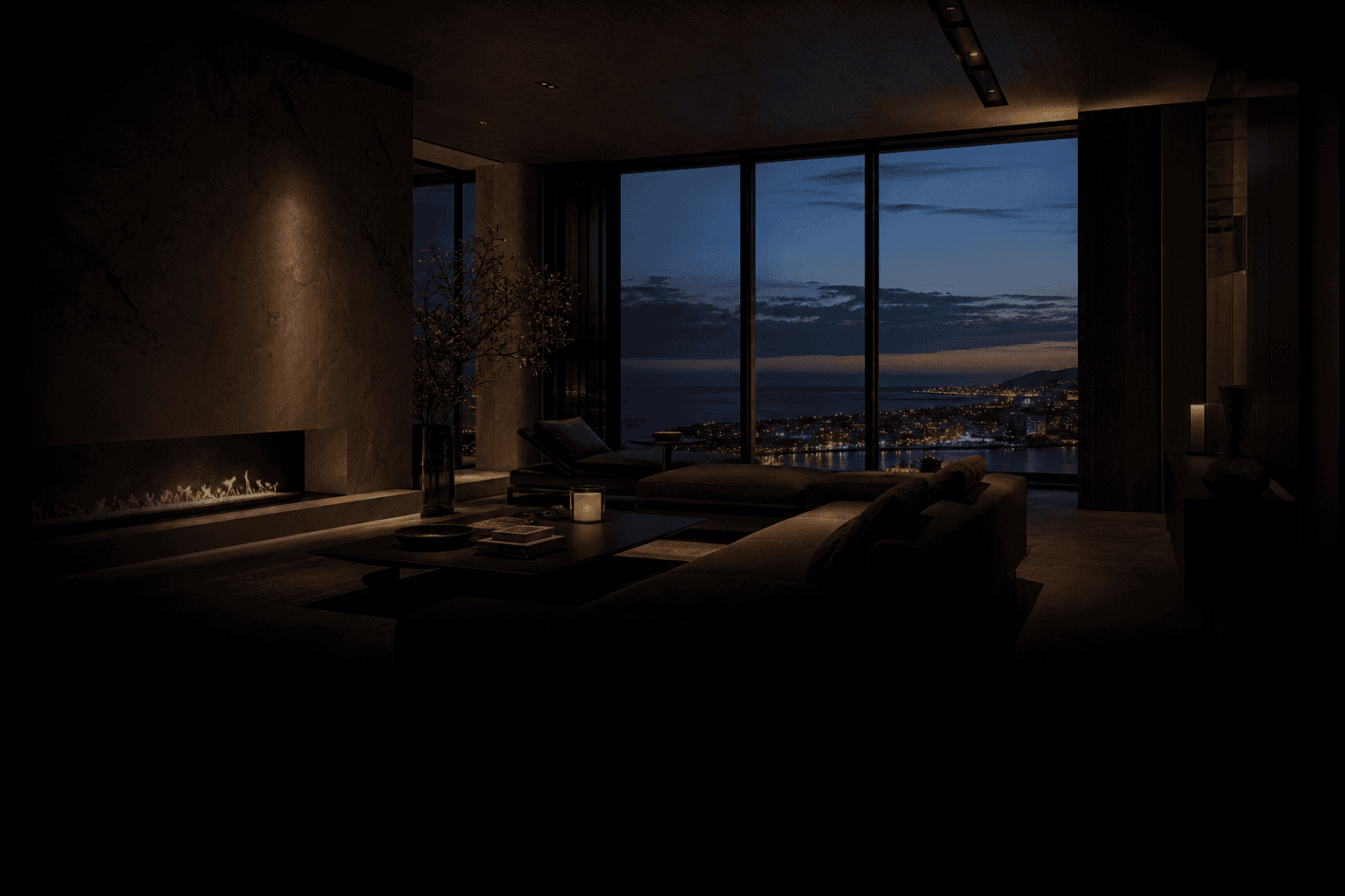Dark, cinematic luxury residence interior at dusk overlooking the coastline